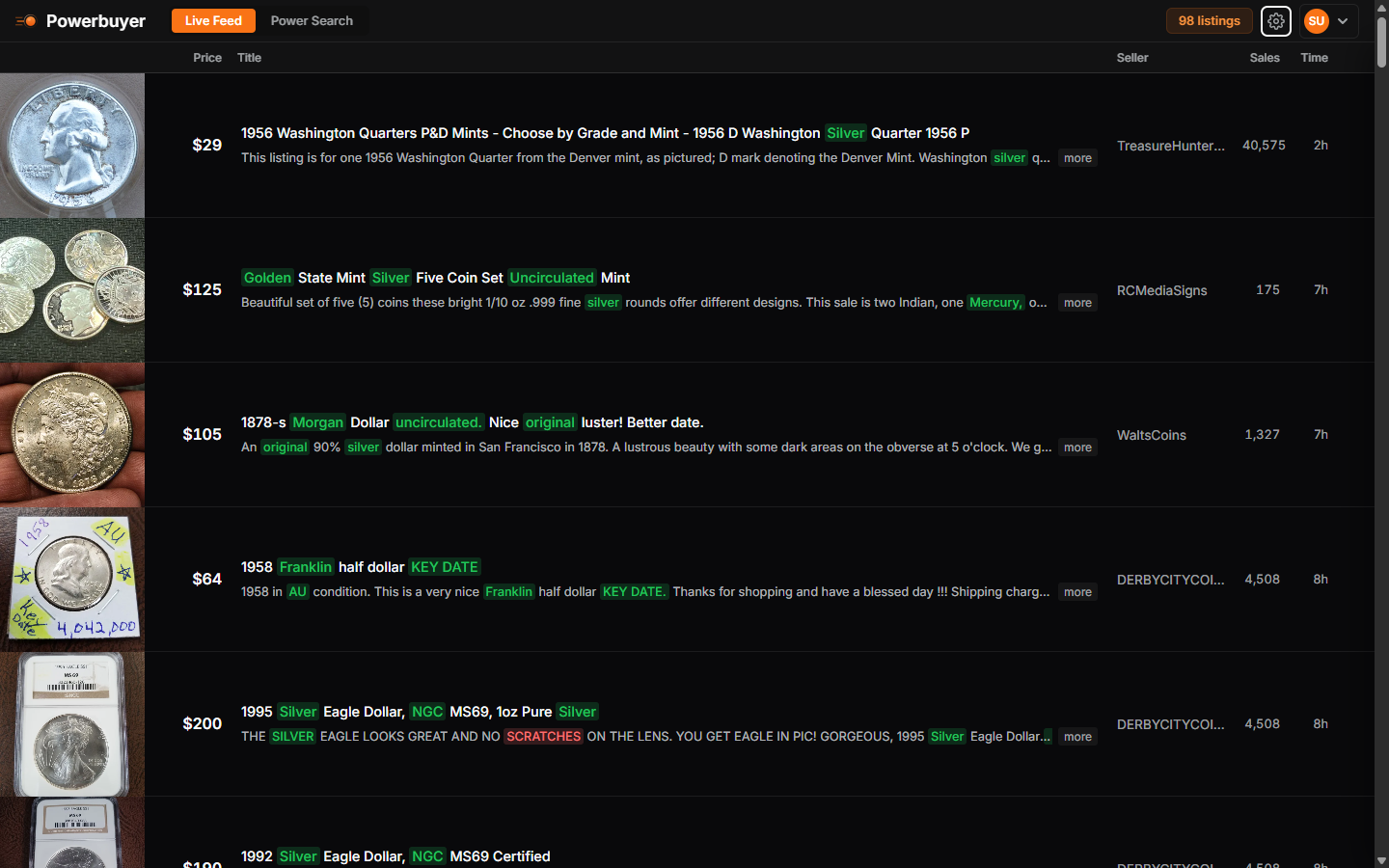 Powerbuyer dashboard showing live Etsy listings with keyword highlighting and advanced filters