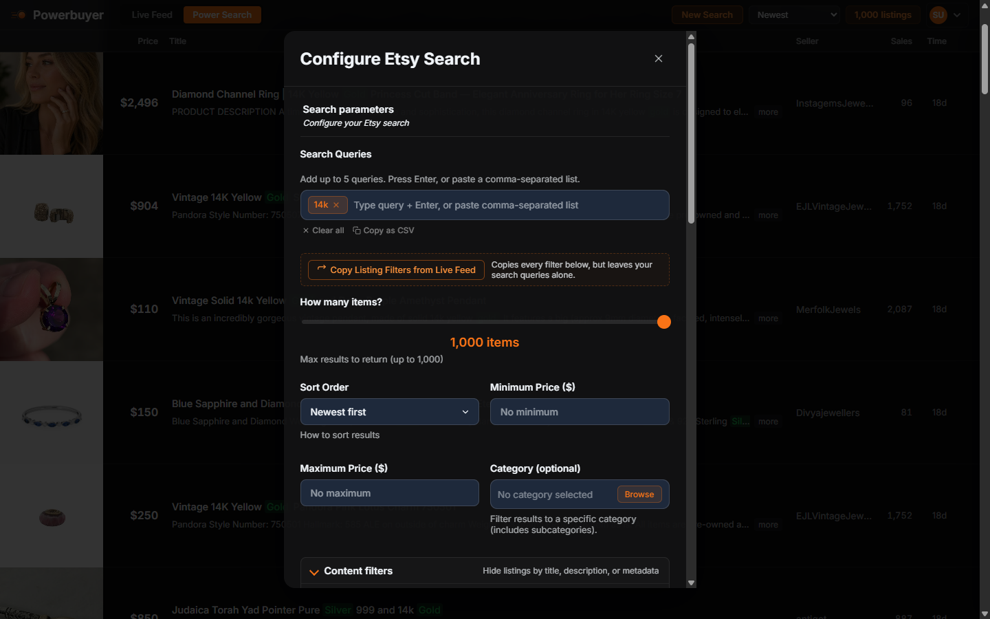 Power Search configuration modal with search queries, item count slider, sort order, price filters, and category selector