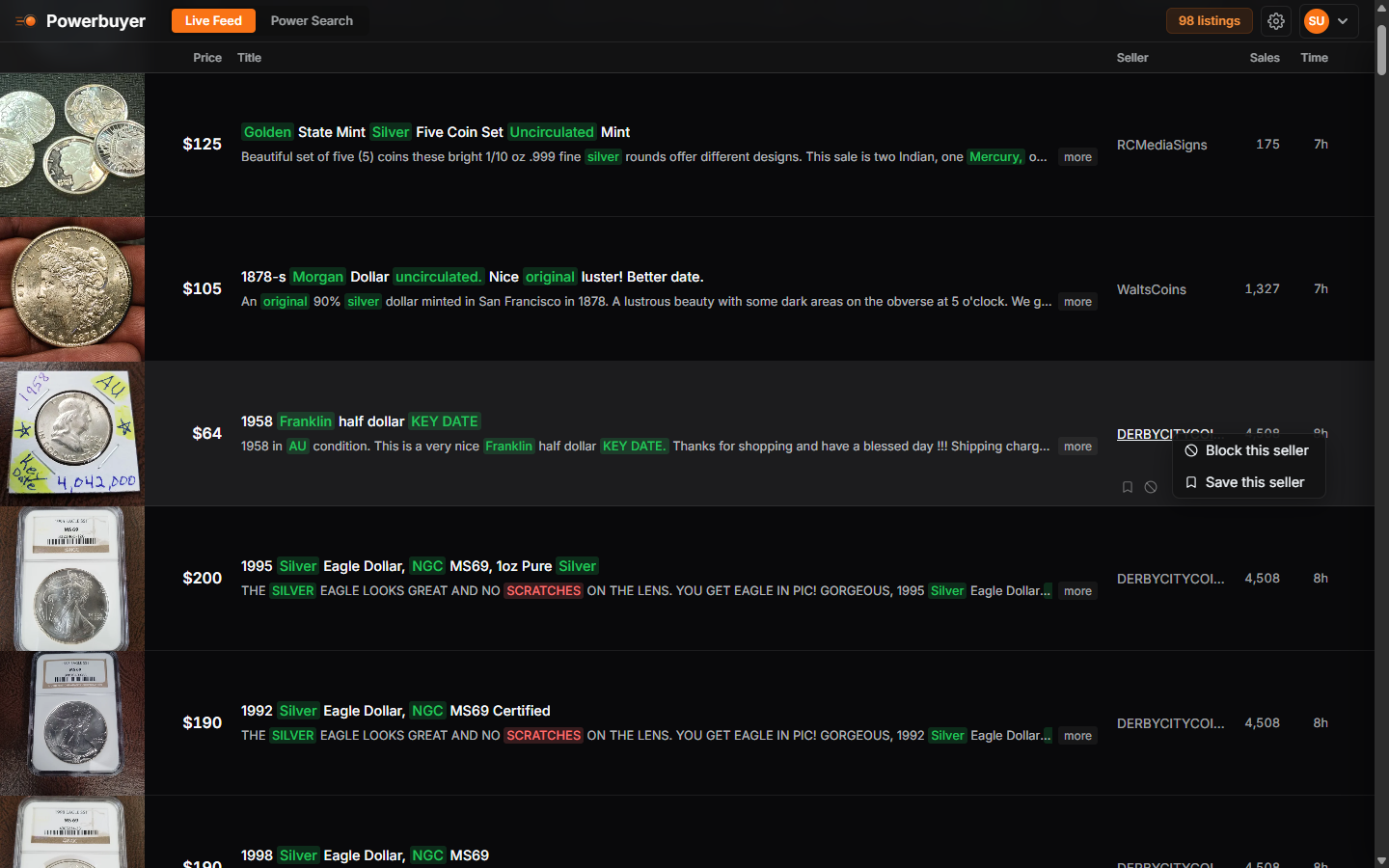 Right-click context menu over a seller name with Block this seller and Save this seller options
